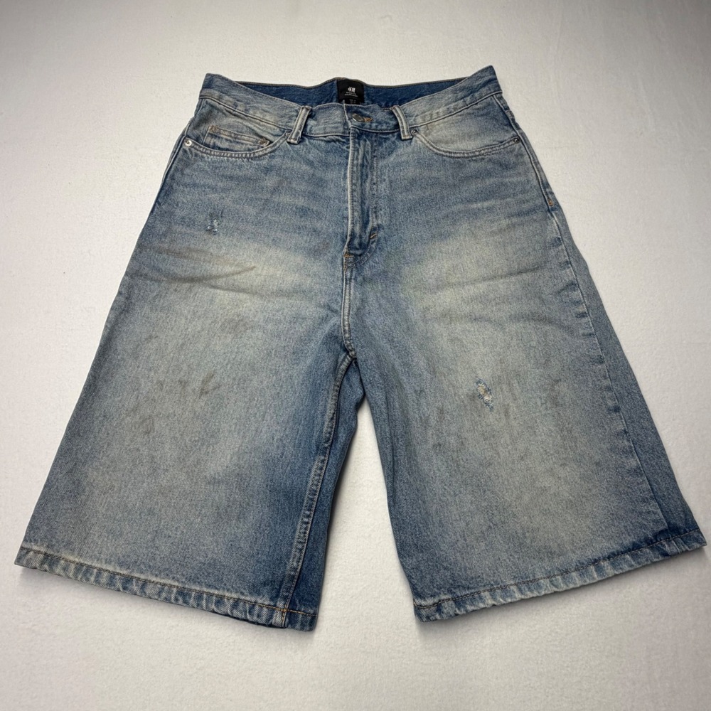 H&M Baggy Fit Denim Jorts Mens 32 Light Wash Blue Distressed Wide Leg Streetwear